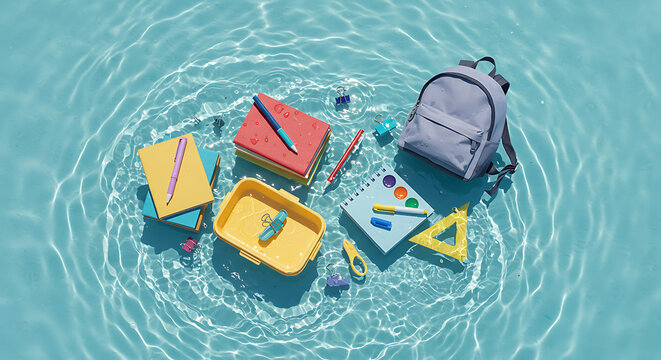School Supplies Floating in Water Education Concept with Books and Backpack in a Pool