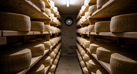 Cheese wheels aging wooden shelves storage facility. Traditional dairy production maturation process. Artisan manufacturing concept
