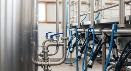 Robotic milking system automated equipment dairy barn facility. Modern technology livestock production agriculture. Industrial farming concept