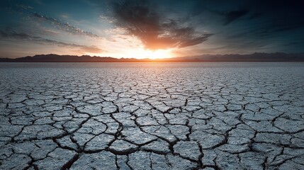 Cracked dry land under blazing sun symbolizing climate change and global warming, with dramatic sky gradient from orange to blue reflecting environmental crisis and hope