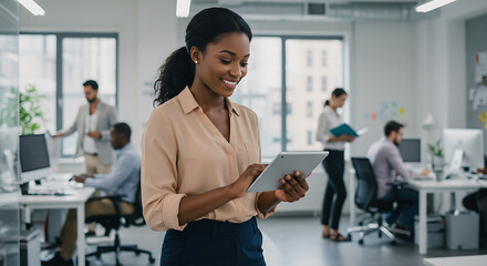 Obraz premium Smiling AfricanAmerican Woman Using a Tablet in Modern Office.