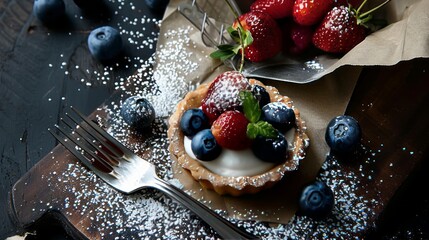 Delicious berry tart with fresh strawberries and blueberries dusted with powdered sugar on a wooden board, ready to indulge