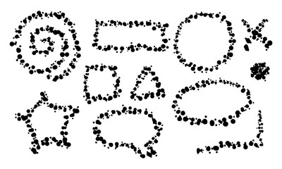Abstract shapes, lines of dots, noise. Hand-drawn shapes. Brush constellation, noise, groups of dots, scattered dots in grunge style. Rounded, streamlined shapes, figures, spiral, rectangle