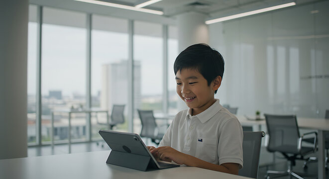 Smiling Boy Using Tablet in Modern Office Setting.