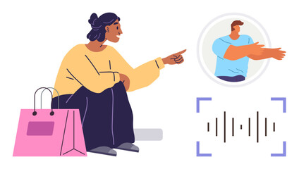 Woman sitting next to a shopping bag, pointing at a virtual avatar on a screen, with a voice recognition waveform below. Ideal for technology, communication, AI, online shopping, remote interaction