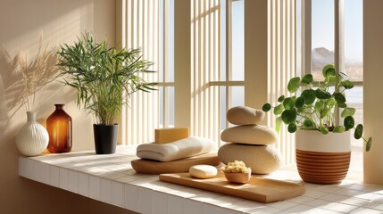 Fototapeta premium Serene spa interior with plants, stone decorations, and natural light