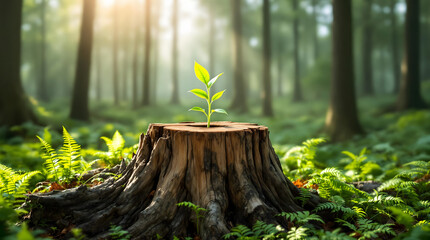 tree in Serene Forest Scene With Vibrant Green Sapling Growing From a Weathered Tree Stump Surrounded by Lush Ferns and Soft Sunlight, Symbolizing Resilience, Renewal, and the Cycle of Life