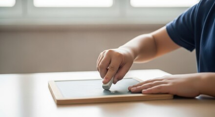 Child using slate chalkboard for drawing indoors in sunlit room