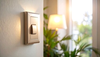 Light switch on a wall, soft focus on lamp and plants