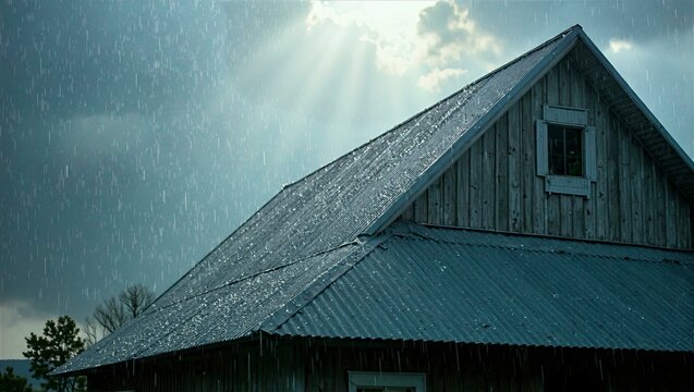 Rain Soaked Wooden Barn with Sunlight Breaking Through Stormy Sky
