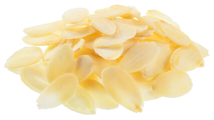 Almond flakes, slices of blanched almonds nuts isolated on white background. File contains clipping...