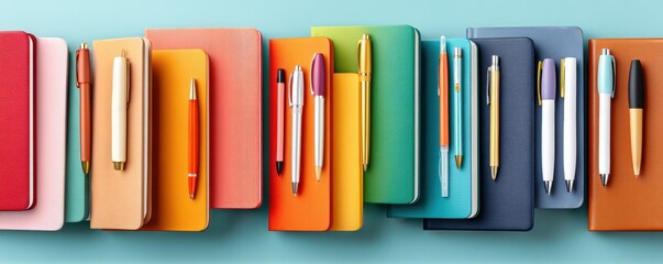 Colorful notebooks aligned neatly with pens in a vibrant creative arrangement