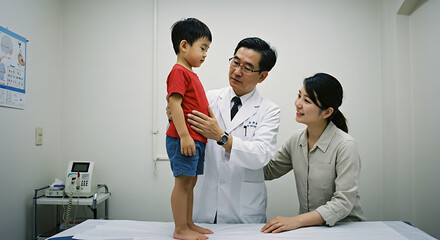 Young boy in red shirt and blue shorts standing on examination table.