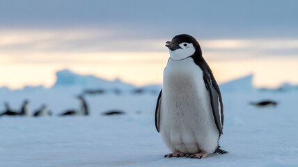 Chinstrap penguin standing on snow with icebergs in background antarctica wildlife image