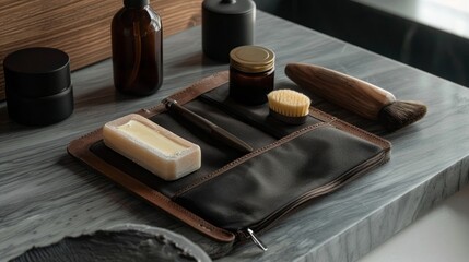 Elegant men's grooming kit arranged on a marble counter, showcasing natural beauty products and sophisticated accessories in a neutral aesthetic.