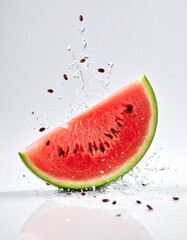 A watermelon slice float mid-air with water droplets and seeds scattered around, creating a vibrant, refreshing, and summery visual burst full of motion and color.