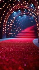 Stunning red carpet pathway illuminated by glowing lights at an elaborate event venue during an evening gala