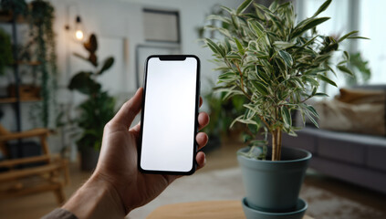 Woman's hand holding and showing her phone with white screen mockup, sitting in living room with green plant on the table. Layout phone. Advertising of a mobile application