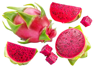 Set of dragon fruits and dragon fruit slices isolated on white background. File contains clipping paths.
