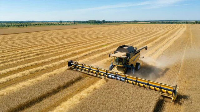 Combine harvester working in vast wheat field during harvest season