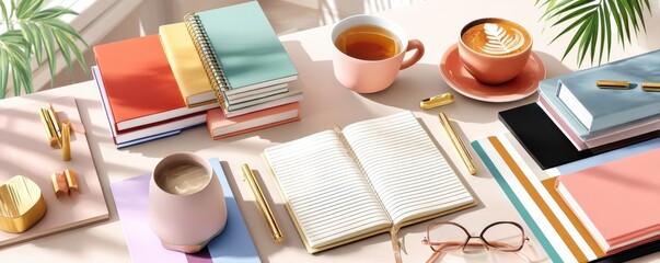 Organized workspace with academic journals and stylish stationary under natural sunlight