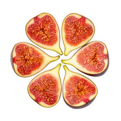 Five sliced ripe figs arranged in a flower shape isolated on transparent background