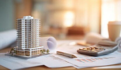 Architectural Model on Desk With Charts and Calculator, Symbolizing Real Estate Investment and Financial Planning for Future Growth : Generative AI