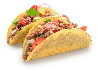 Mexican meat taco or beef stuffed tortilla isolated on white background. File contains clipping path.