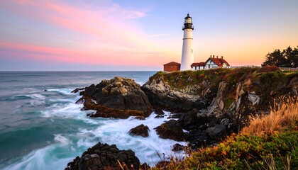 Fototapeta premium Lighthouse at sunset over ocean rocks
