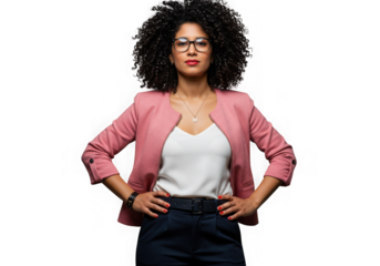 Confident woman with curly hair poses in a pink blazer jacket on transparent background