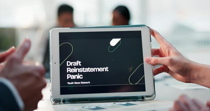 Tablet, screen and discussion with hands of business people for military draft, politics and government plan. Deployment, challenge and stop loss panic with employees for conflict resolution and risk