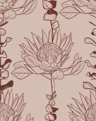Seamless pattern a protea flower. Hand drawn linear illustration in brown ink on a beige background. Perfect for floral prints, packaging, fabric, wallpaper