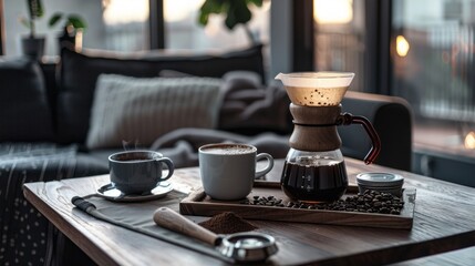 Cozy coffee preparation scene featuring a Chemex, two mugs, wooden tray, and sofa creating a relaxing atmosphere.
