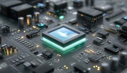 Obraz premium Illuminated Microchip on Circuit Board, Representing Technological Advancement and Digital Transformation in Modern Computing and Engineering Innovation : Generative AI