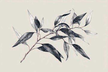 Eucalyptus Branch With Intricate Black Liner Surrounded by Subtle Tones Generative AI