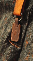 Close-up of a brown leather tag attached to a textured fabric bag.  Tan strap and metal ring visible