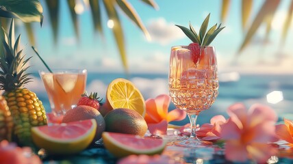 Tropical cocktails and fresh fruit arranged on a table by the ocean at sunset.