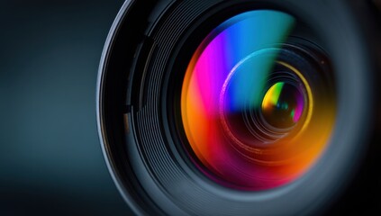 Macro Shot of Camera Lens with Rainbow Reflection, Representing Precision and Photographic Equipment Sales : Generative AI