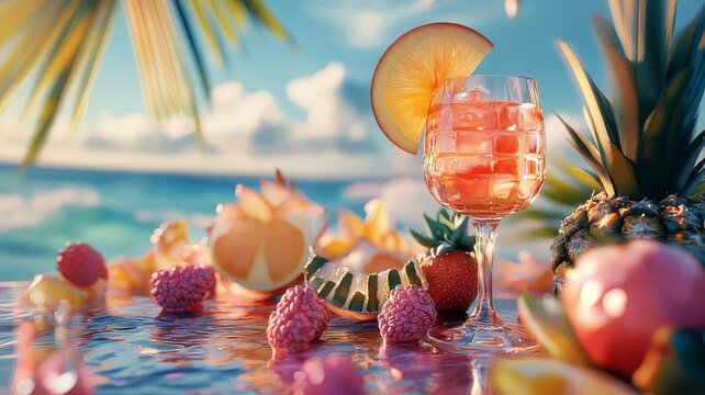 A vibrant, tropical cocktail garnished with fresh fruit, set against a beautiful beach scene.