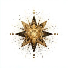 Golden starburst design adorned with intricate patterns on a white background