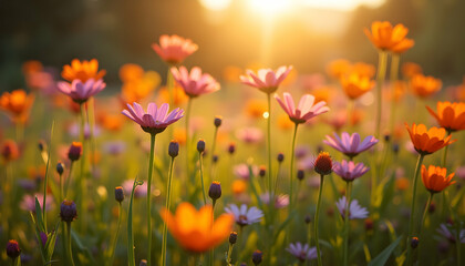 Fototapeta premium Radiant Wildflower Meadow at Sunset: A Symphony of Colors and Golden Light