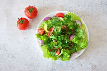 Fresh Salad with Tomatoes, Onions and Herbs top view still life