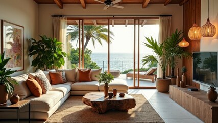 Coastal living room with ocean view and tropical decor featuring wooden accents