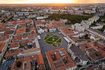Aerial drone image of Union Square in Timisoara, Romania, during sunset