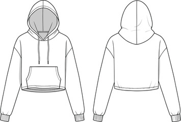 Trendy Women's Cropped Hoodie Sweatshirt Fashion Flat Sketch: Casual Streetwear Apparel Design for Modern and Comfortable Style.