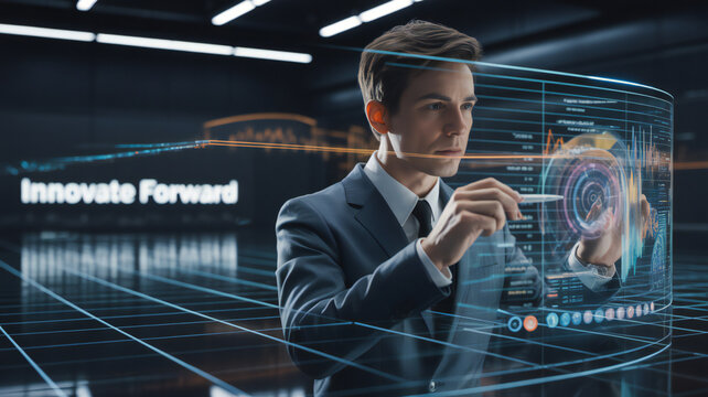 Businessman interacting with a futuristic holographic interface displaying financial data and charts - Powered by Adobe