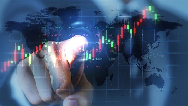 Financial Technology Trade Analysis with Global Market Stock Charts and World Map