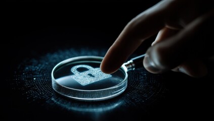 Magnifying Glass Over Digital Padlock, Representing Cybersecurity and Data Protection for Business Technology and Digital Transformation Initiatives : Generative AI