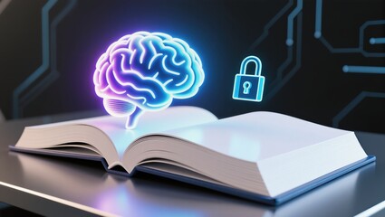 Creative representation of an open book with a glowing brain and padlock symbolizing knowledge security