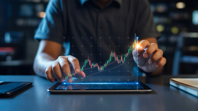 Person interacting with a holographic stock market graph on a tablet device